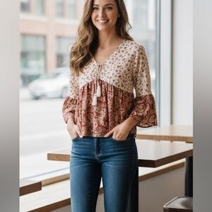 Vintage Y2K Sonoma Floral Paisley Western Babydoll Top XL Boho Bohemian Cowgirl